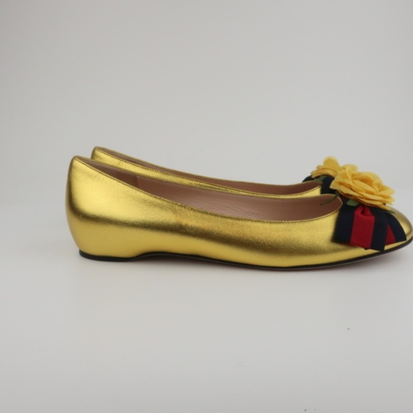 Gucci Web Bow Rose Ballet Flats Gold Metallic - Picture 3 of 6